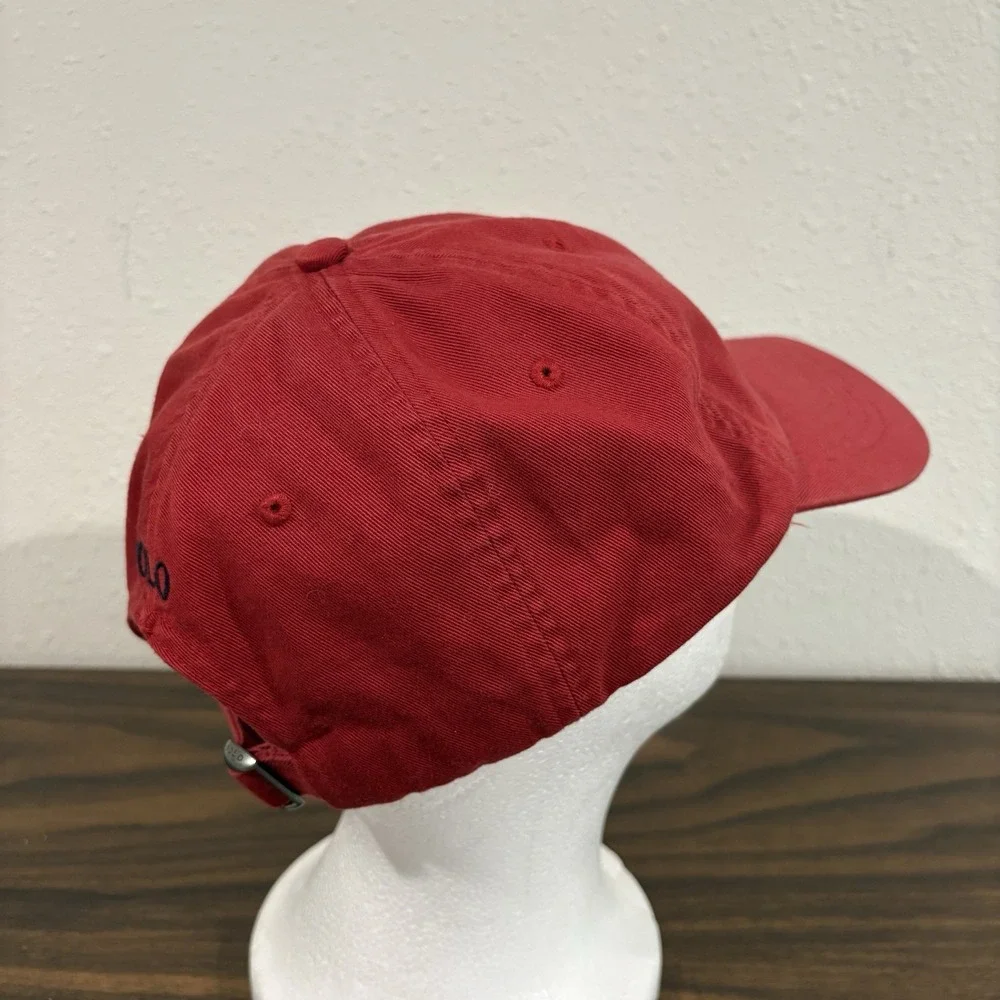 Vtg Polo Ralph Lauren Red Cotton Chino Baseball Cap Black Pony Logo Hat Spellout